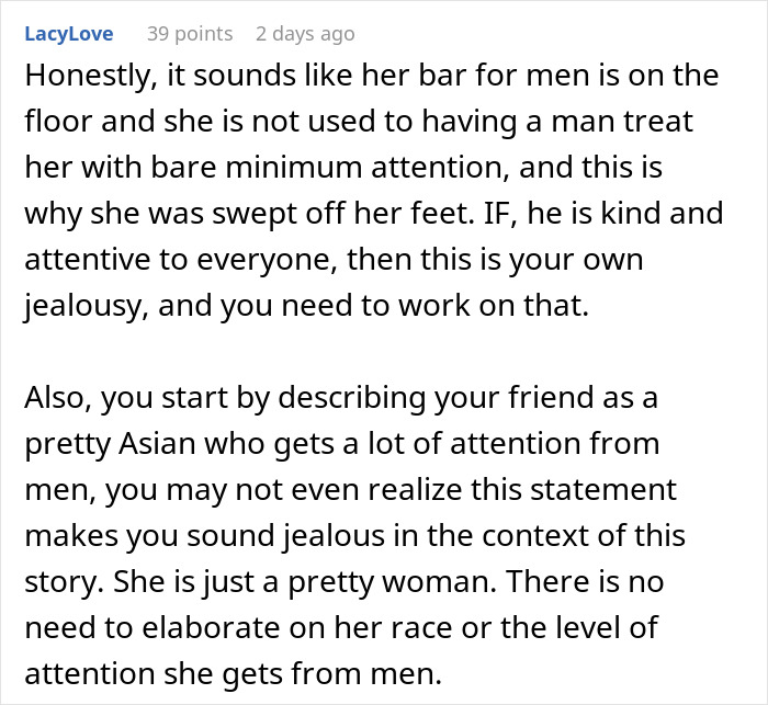 Screenshot of a Reddit comment discussing jealousy and a husband remembering a friend’s favorite drink from years ago. Screenshot of a Reddit comment discussing jealousy and a husband remembering a friend’s favorite drink from years ago.