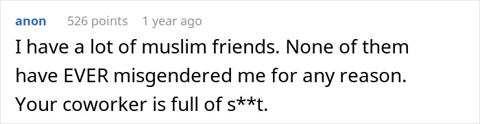 Comment discussing coworker misgenders and Muslim religion, highlighting personal experiences with misgendering.