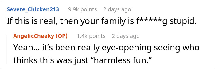 Screenshot of an online discussion with users debating a prank gone wrong leading to an ER visit after a knife slipped incident.