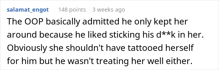 Text showing a discussion about a girlfriend who got a massive tattoo and relationship struggles mentioned by the original poster.
