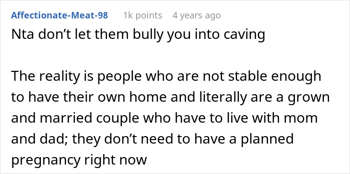 Comment discussing parents ruining a relationship with daughter by forbidding her to have a baby under their roof.
