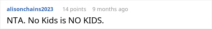 Screenshot of a Reddit comment stating No Kids is NO KIDS in a discussion about getting a babysitter. - 29