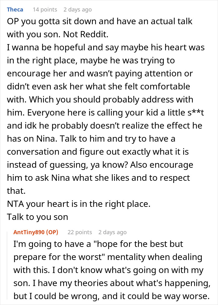 Reddit conversation about 14YO&rsquo;s reaction to mom suggesting his Black girlfriend dress more comfortably after confiding.
