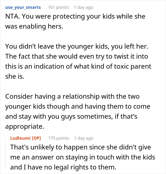 Reddit discussion excerpt about a man leaving his marriage over refusing to let wife's daughter live with his kids.