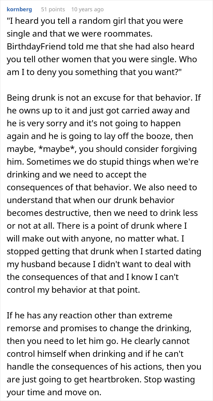 Comment discussing a guy pretending to be single at a party and making excuses when confronted by his girlfriend.