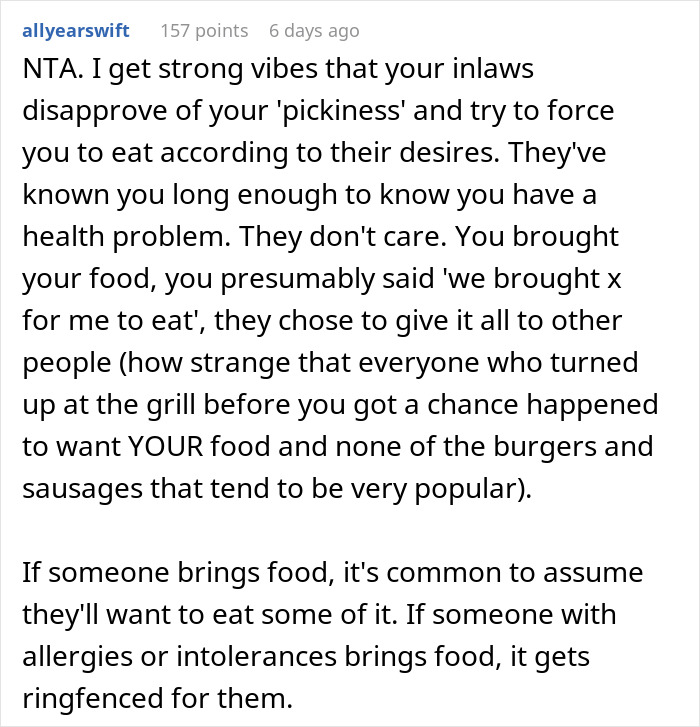 In-Laws Aware Of Woman&rsquo;s Food Restrictions, Are Mad She Finds A Way To Not Eat Their Unsafe Food