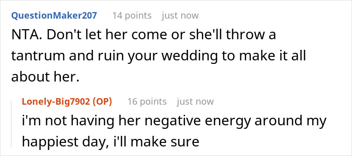 Commenter advises bride not to let mom wear white gown to wedding to avoid negative energy and tantrums.
