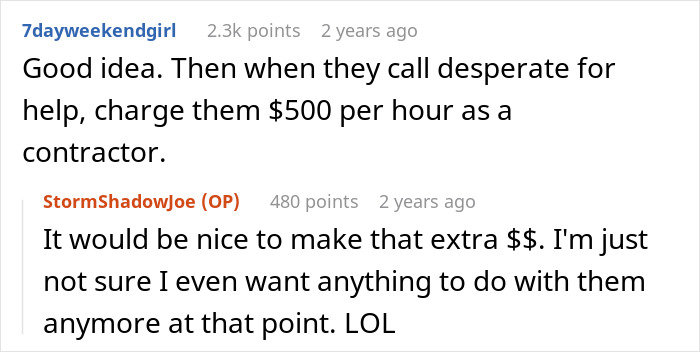 Reddit user responds to a comment about charging $500 per hour as a contractor after teaching years of knowledge before PTO.