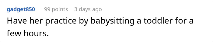 Screenshot of a social media comment suggesting practicing by babysitting a toddler, relating to clean toddler warning debate.