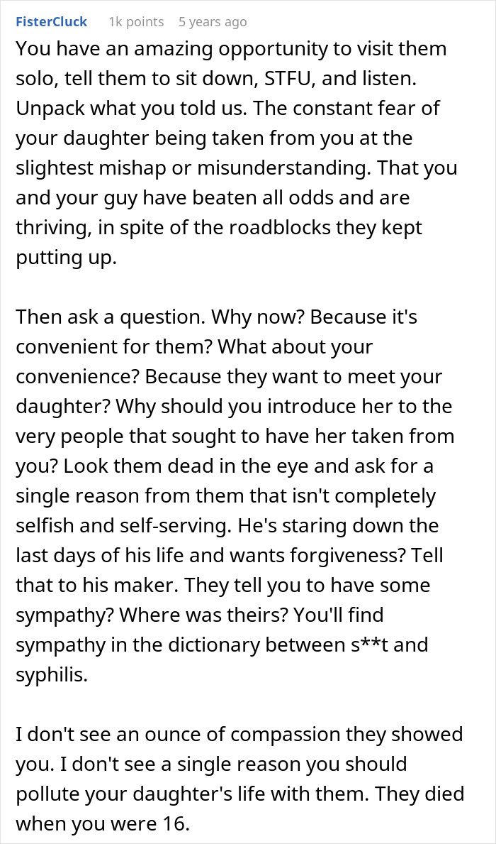 Comment discussing estranged dad with cancer seeking to reconnect with daughter after disowning her for pregnancy
