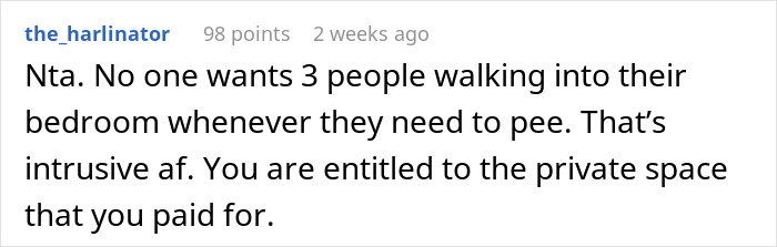 Screenshot of an online comment supporting a nonbinary person refusing roommates’ boyfriends access to their private bathroom. Screenshot of an online comment supporting a nonbinary person refusing roommates’ boyfriends access to their private bathroom.
