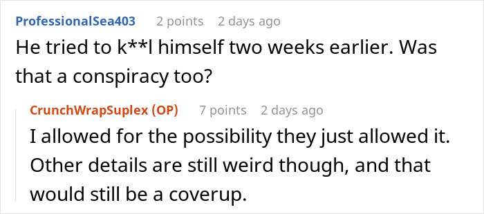 Screenshot of online discussion where a man doubts official story on Epstein&rsquo;s death from a prison officer&rsquo;s perspective.