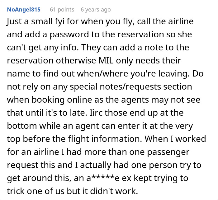 Comment discussing airline tips to add a password for reservation security in a widow and MIL custody dispute.