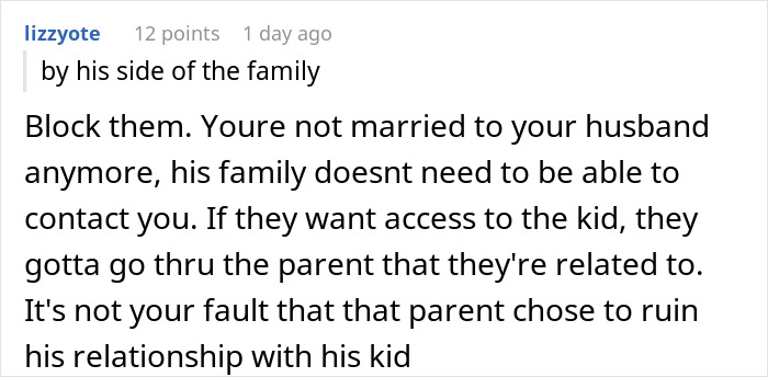 Screenshot of a comment discussing family contact issues after divorce, related to dad lying to win over his son.