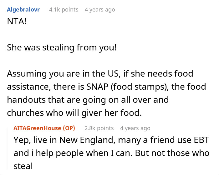 Comment discussion about a thief caught stealing vegetables from the actual owner, with advice on food assistance programs.