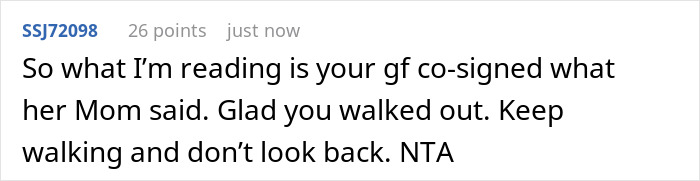 Comment discussing a racist mom&rsquo;s insult towards daughter&rsquo;s girlfriend&rsquo;s Black parents, leading to a tearful exit.