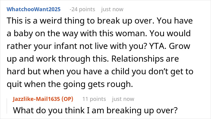 Reddit thread discussing a man giving a pregnant girlfriend an ultimatum amid relationship insecurities and challenges.