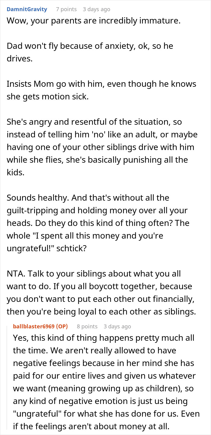 Woman refuses to go on Christmas gift trip if siblings have to pay for her flight in family travel dispute