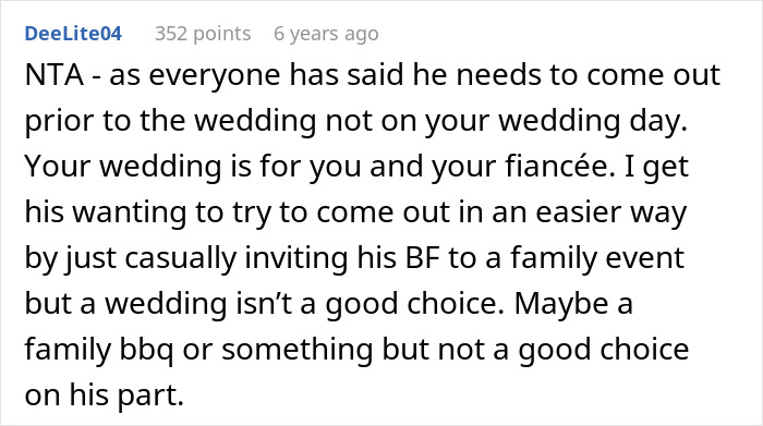 Screenshot of a forum comment discussing a man urging his gay brother to come out before the wedding, not during it. Screenshot of a forum comment discussing a man urging his gay brother to come out before the wedding, not during it.