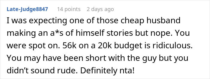 Comment discussing a husband not giving wife a chance to show car choice, dragging her out of dealership.