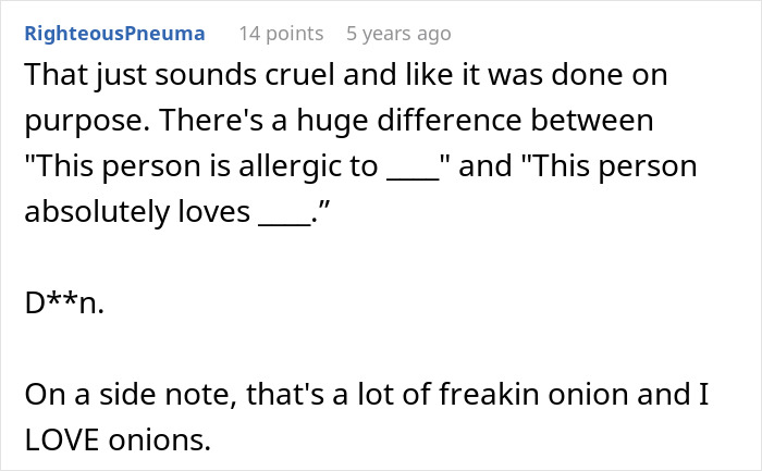 Comment discussing cruelty and a large amount of onion, mentioning allergy and love in a casual tone.