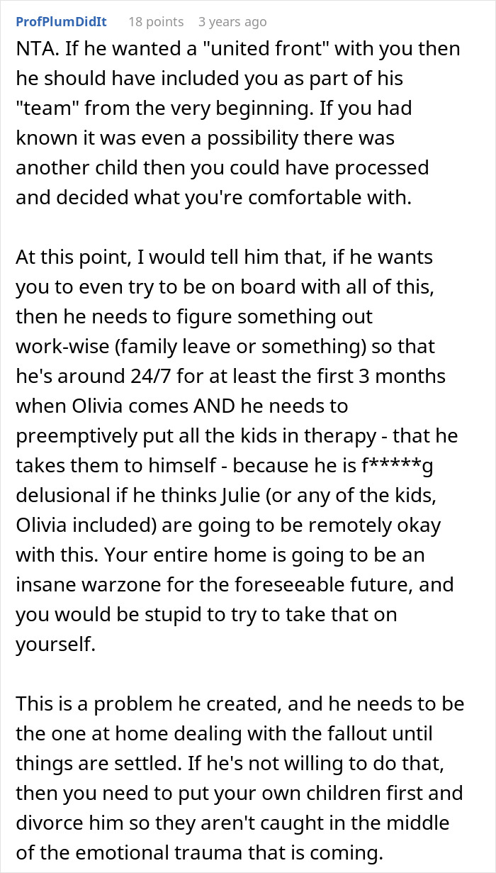 Screenshot of an online comment discussing family challenges after man promises quiet life with two kids but brings home a stepdaughter.