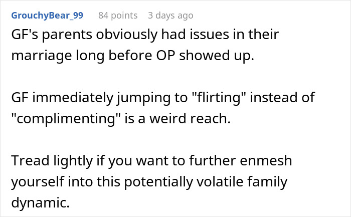 Screenshot of an online comment discussing a man&rsquo;s compliment to girlfriend&rsquo;s mom sparking a fight between parents.