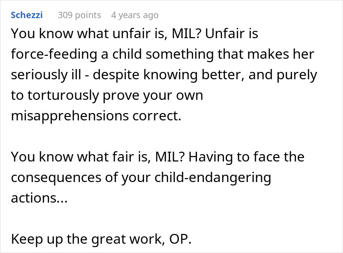 Comment warning a grandma about force-feeding a 7YO with lactose intolerance and the resulting drama.