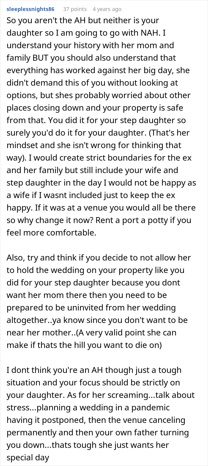 Comment discussing the man who refuses to let daughter get married in his yard, causing family tension and relationship strain.