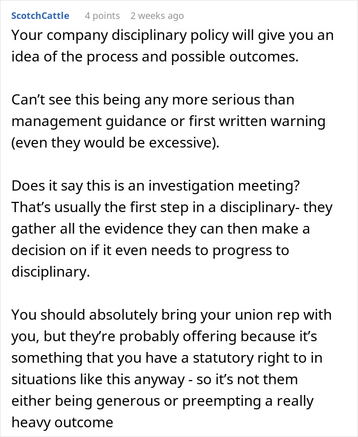 Worker disciplined discussing company disciplinary policy and investigation procedures, advising union representation involvement.