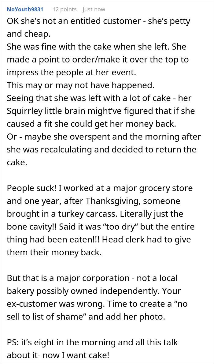 Comment discussing a woman threatening a bakery with social media roasting over refund for half-eaten cake.