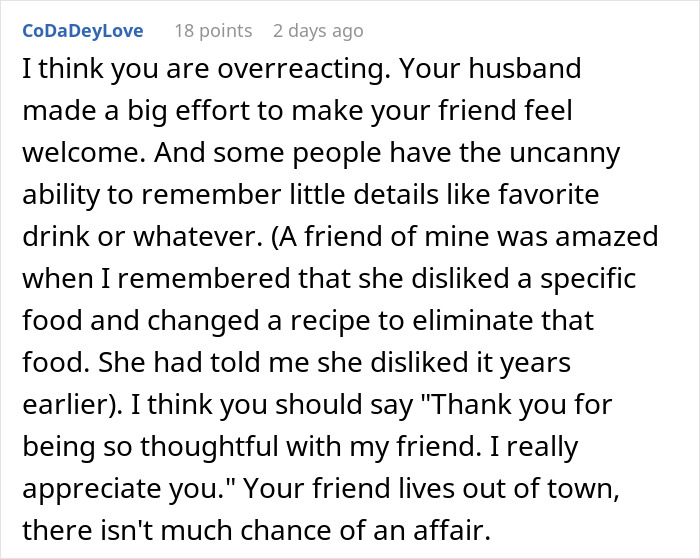 Comment explaining husband remembering friend’s favorite drink and woman feeling jealous over it in online discussion. Comment explaining husband remembering friend’s favorite drink and woman feeling jealous over it in online discussion.