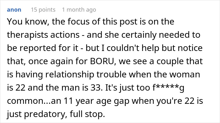 Commenter discussing therapists&rsquo; actions impacting woman&rsquo;s mental health amid couple&rsquo;s relationship issues and age gap concerns.