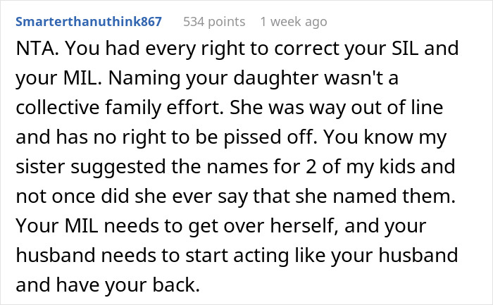 Screenshot of a Reddit comment supporting a woman correcting her mother-in-law over the baby&rsquo;s name dispute.