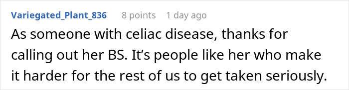 Comment discussing celiac disease in response to a worker calling out gluten-free colleague at a pizza party. Comment discussing celiac disease in response to a worker calling out gluten-free colleague at a pizza party.