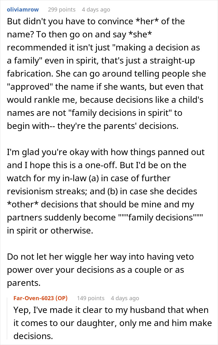 Screenshot of a discussion where a woman corrects mother-in-law over claims about baby&rsquo;s name decisions.