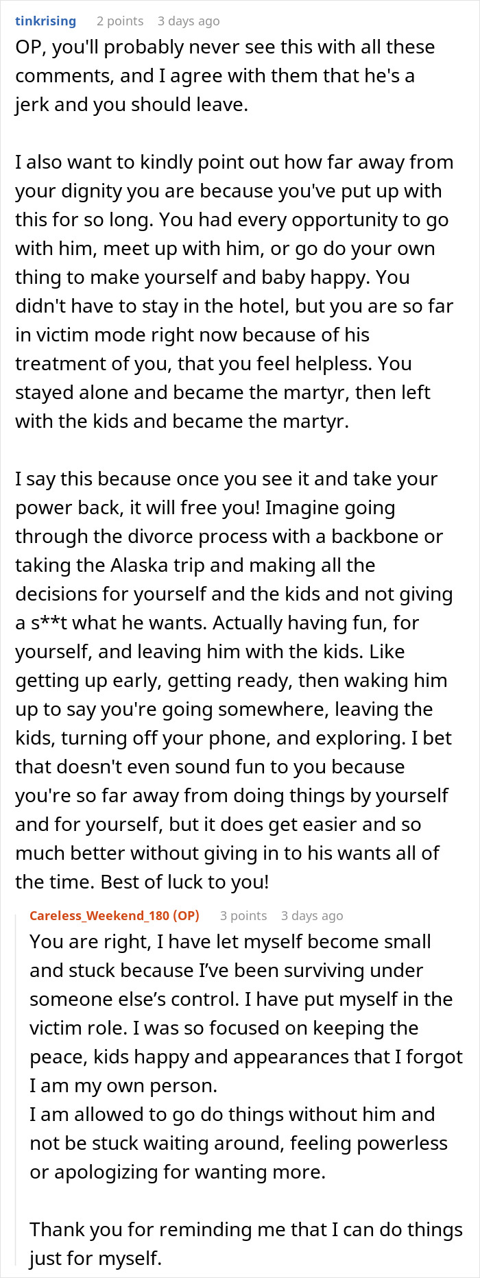 Forum conversation discussing a wife leaving her man-child husband during a family vacation.