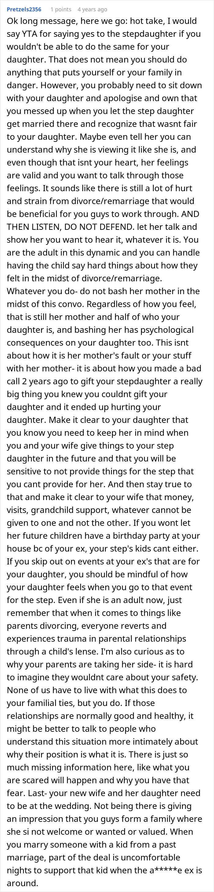 Text of a man explaining relationship issues after refusing his daughter to get married in his yard causing family conflict.