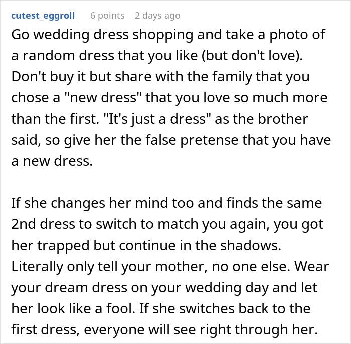Alt text: Woman confronting brother&rsquo;s fianc&eacute;e about copying her wedding dress during wedding dress shopping debate.