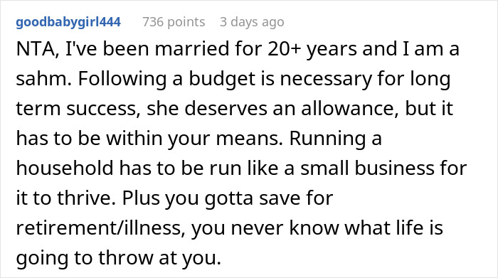 Comment on marriage and budget discussing wife’s allowance and the need for spouse to get a job or manage finances. Comment on marriage and budget discussing wife’s allowance and the need for spouse to get a job or manage finances.