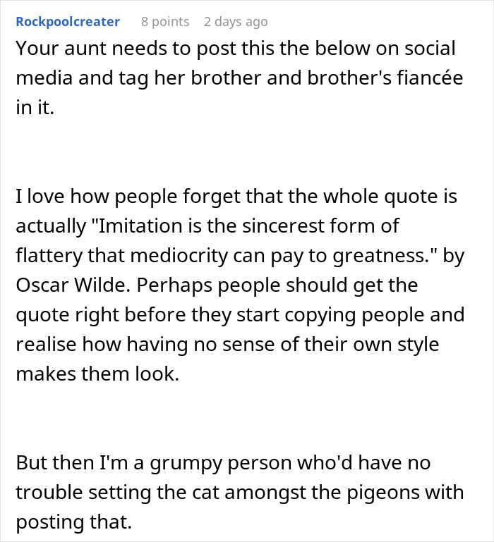 ALT text: Online discussion about woman confronting brother&rsquo;s fianc&eacute;e for copying her wedding dress and style issues.