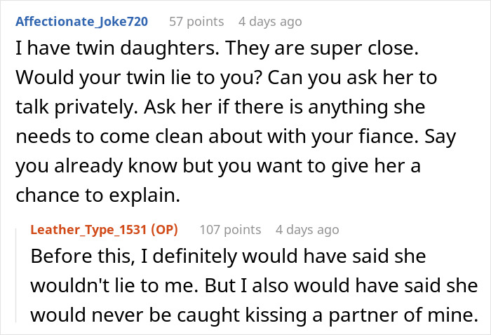 Online discussion about a bride&rsquo;s twin sister and fianc&eacute;&rsquo;s secret causing the bride&rsquo;s world to crumble.