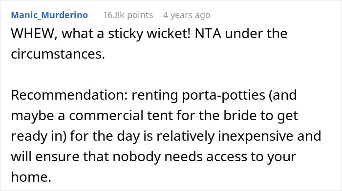 Comment discussing renting porta-potties and tents related to man refusing daughter&rsquo;s marriage in his yard situation.