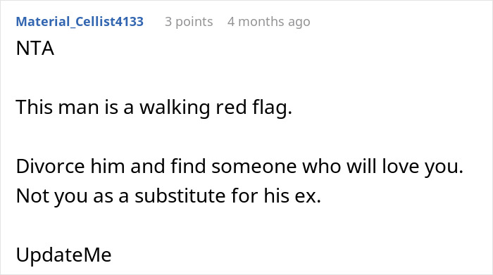 Comment on online forum discussing divorce with husband of 6 years due to issues involving his ex, expressing concern and advice. Comment on online forum discussing divorce with husband of 6 years due to issues involving his ex, expressing concern and advice.