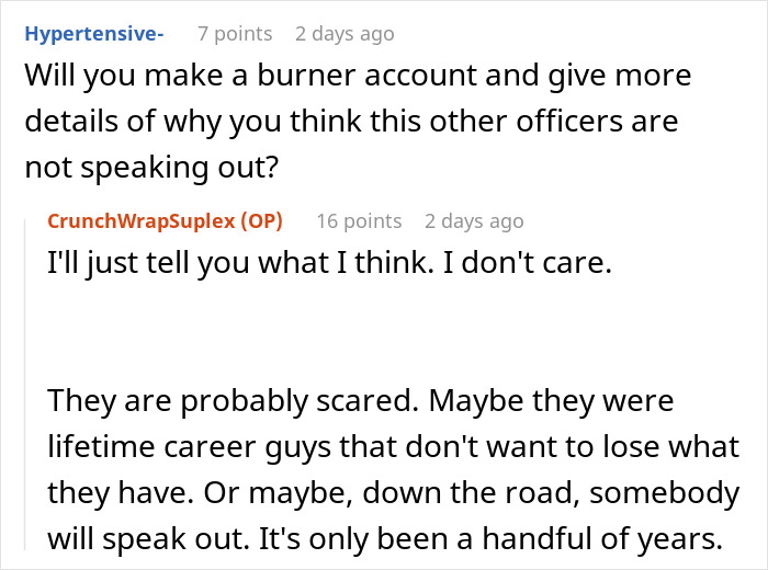 Screenshot of a Reddit conversation discussing why former prison officers may stay silent about Epstein&rsquo;s death based on experience.