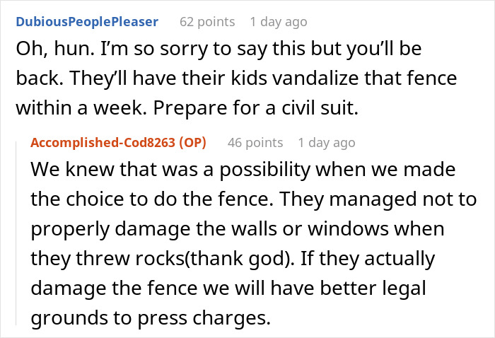 Online comments discussing a neighbors fight over a driveway and legal issues after property damage and fence dispute.