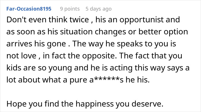 Comment from Reddit user Far-Occasion8195 criticizing a man demanding divorce from a “fat and lazy” wife. Comment from Reddit user Far-Occasion8195 criticizing a man demanding divorce from a “fat and lazy” wife.