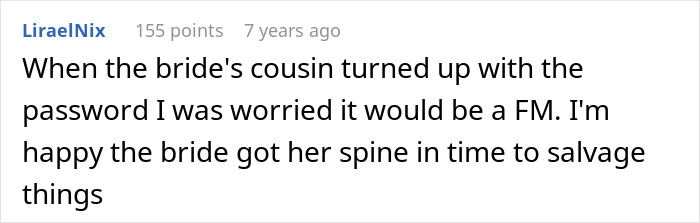 Comment about bride's cousin causing chaos at wedding turning into a crime scene with bride&rsquo;s mother facing jail time.