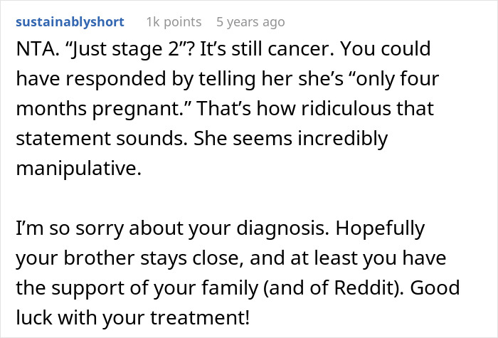 Reddit comment showing family drama and lack of support after woman receives devastating cancer diagnosis.