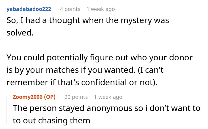 Person thinks DNA test mixed showing a conversation about donor anonymity and finding matches in a forum discussion.